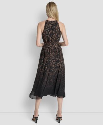 Women's Fit and Flare Sleeveless Crew Neck Midi Dress