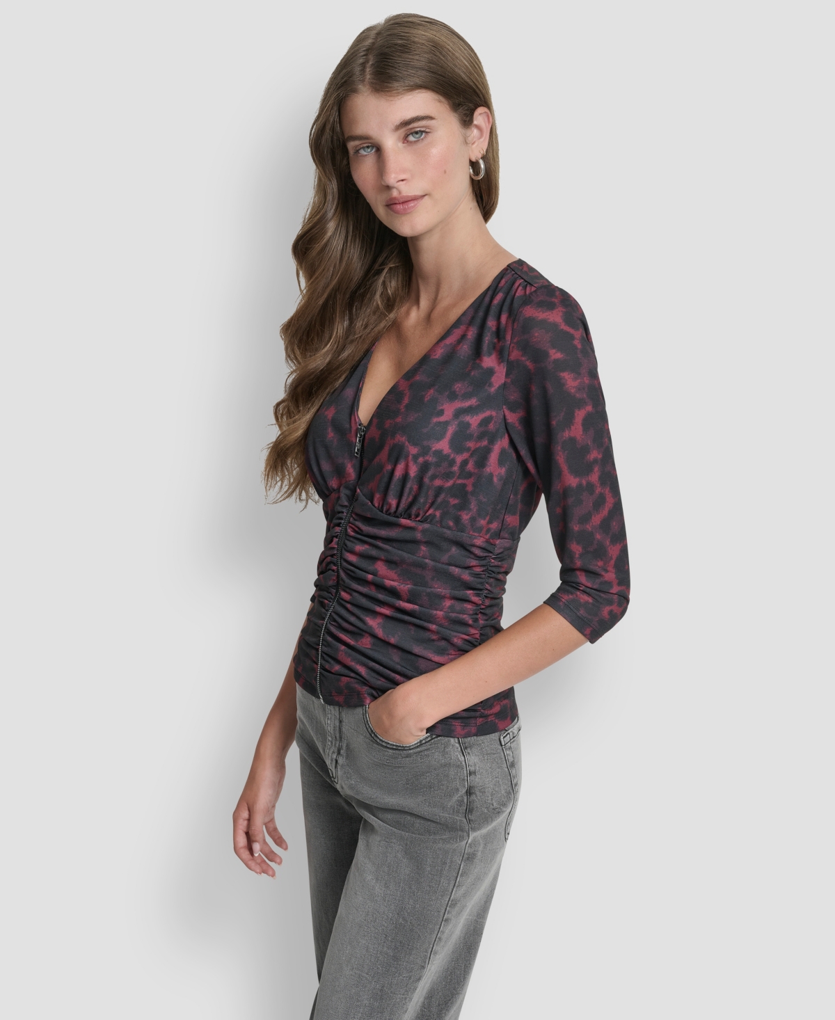 Dkny Ruched Knit Zip-up Top In Black