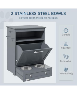 Dog Feeder Cabinet with Raised Bowls and Hooks Grey