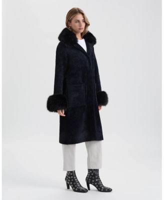 Women's Longline Elegant Coatigan with Detachable Fur Collar and Cuffs