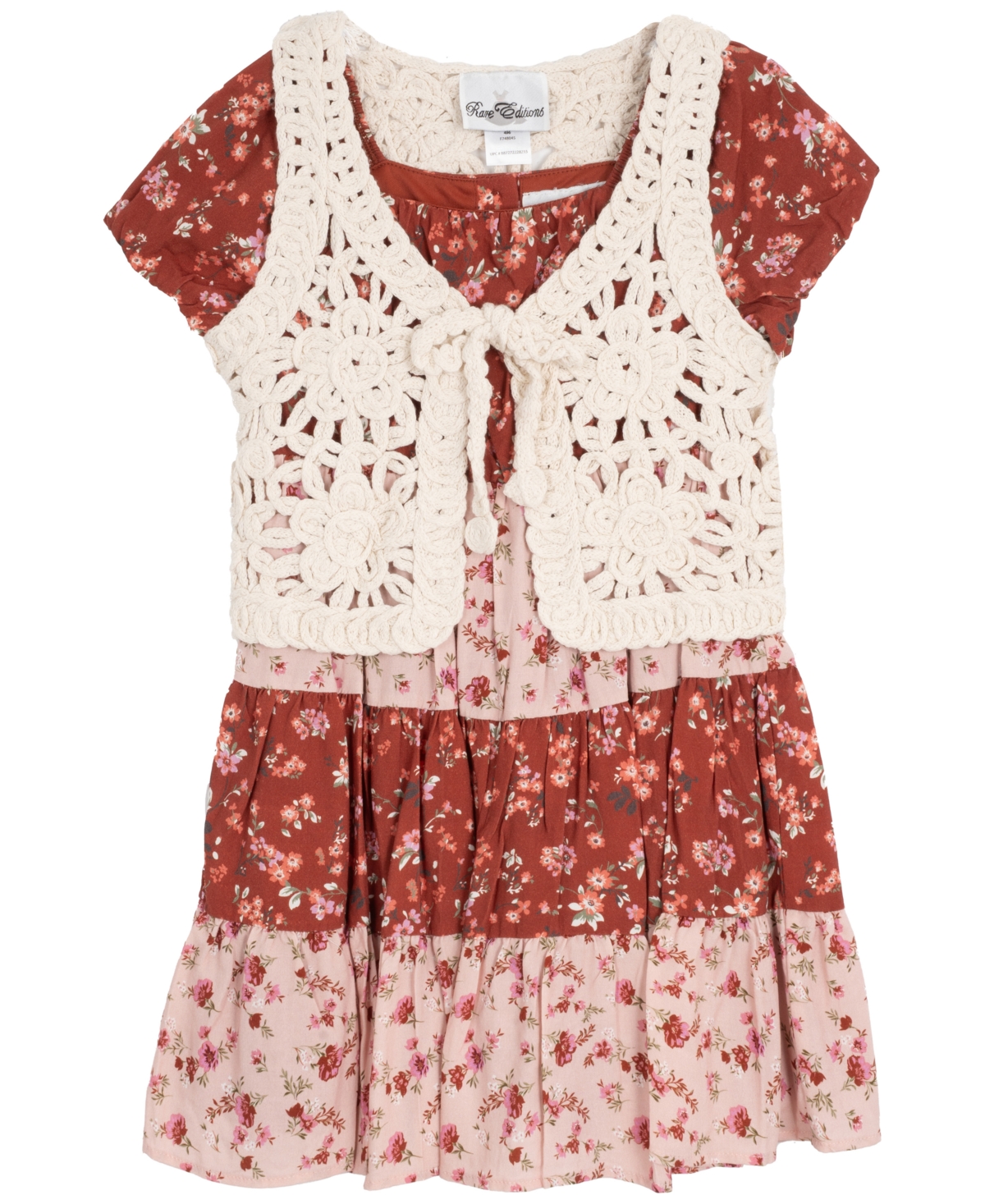 Rare Editions Big Girls 2-piece Mixed Floral With Crochet Vest And Dress Set In White