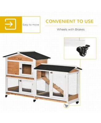 62" Wooden Rabbit Hutch with Wheels, Run Box, No Leak Tray, and Ramp
