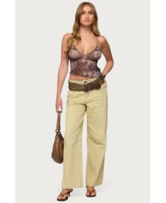 Womens Embroidered Asymmetric Printed Mesh Top