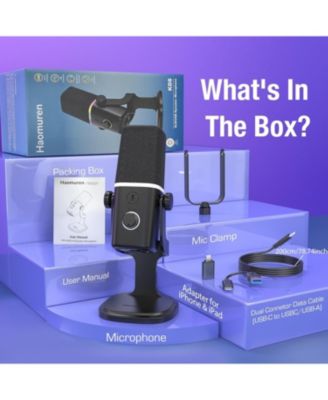 XLR/USB Dynamic Microphone for Gaming Podcast,Mic for iPhone Phone PC Computer Gaming Streaming Microphone with RGB Light,Mute Button,Mic Gain,Headphones Jack,Desktop Stand,Singing YouTube