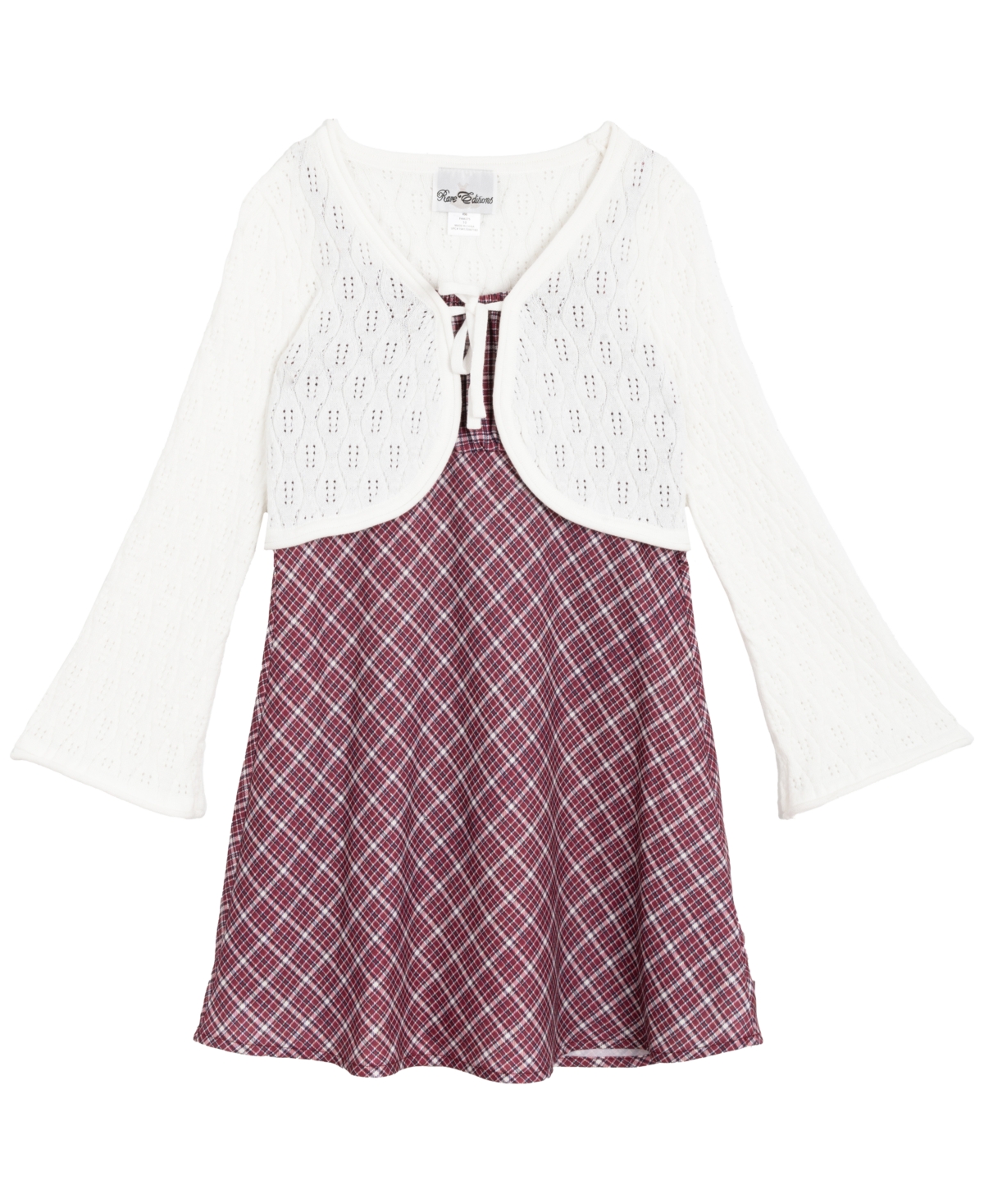 Rare Editions Big Girls 2-piece Plaid Dress With Pointelle Tie Front Cardigan Set In Burgundy