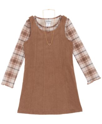 Big Girl 2-Piece Corduroy Dress over Plaid Mesh Top with Necklace Set