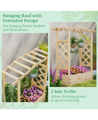 Wooden Raised Garden Bed w/ Trellis & Hanging Roof Planter Box Drainage System