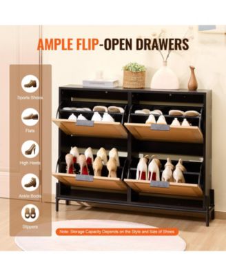 Narrow Rattan Shoe Cabinet with 4 Flip Drawers, Slim Entryway Storage with Metal Legs