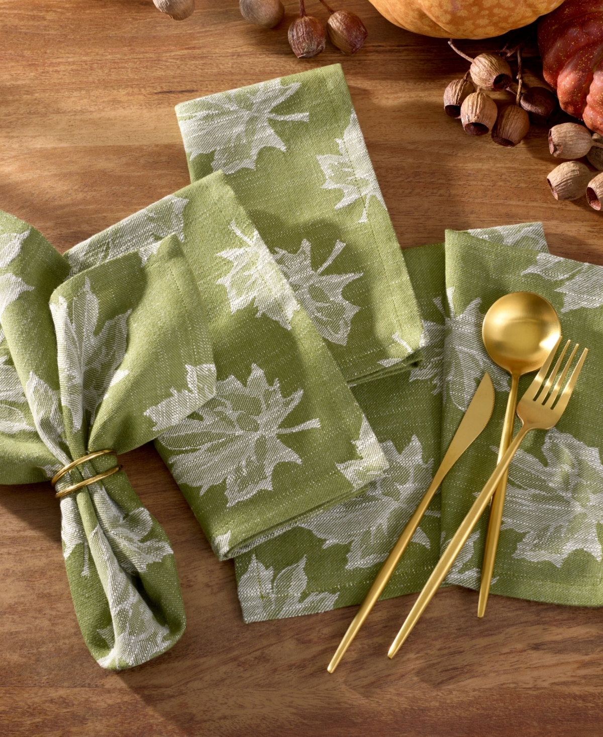 Elrene Falling Leaves Jacquard Cotton Napkins, Set Of 8 In Green