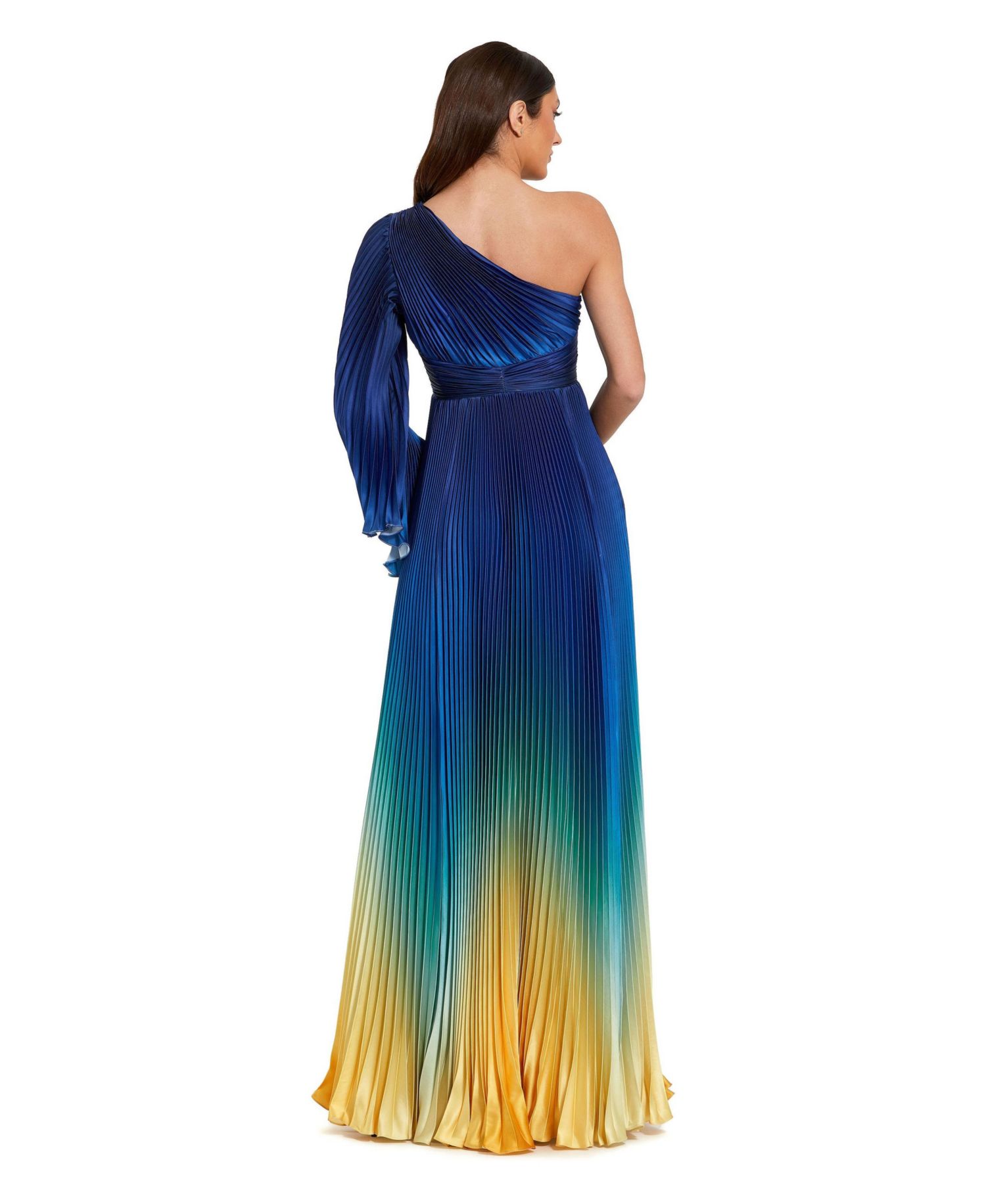 Women's Pleated Charmeuse One Long Flare Sleeve Gown