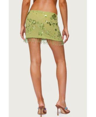 Women's Sheer Sequin Bead Fringed Mini Skirt