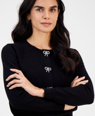 Petite Round-Neck Embellished-Bow Cardigan Sweater 