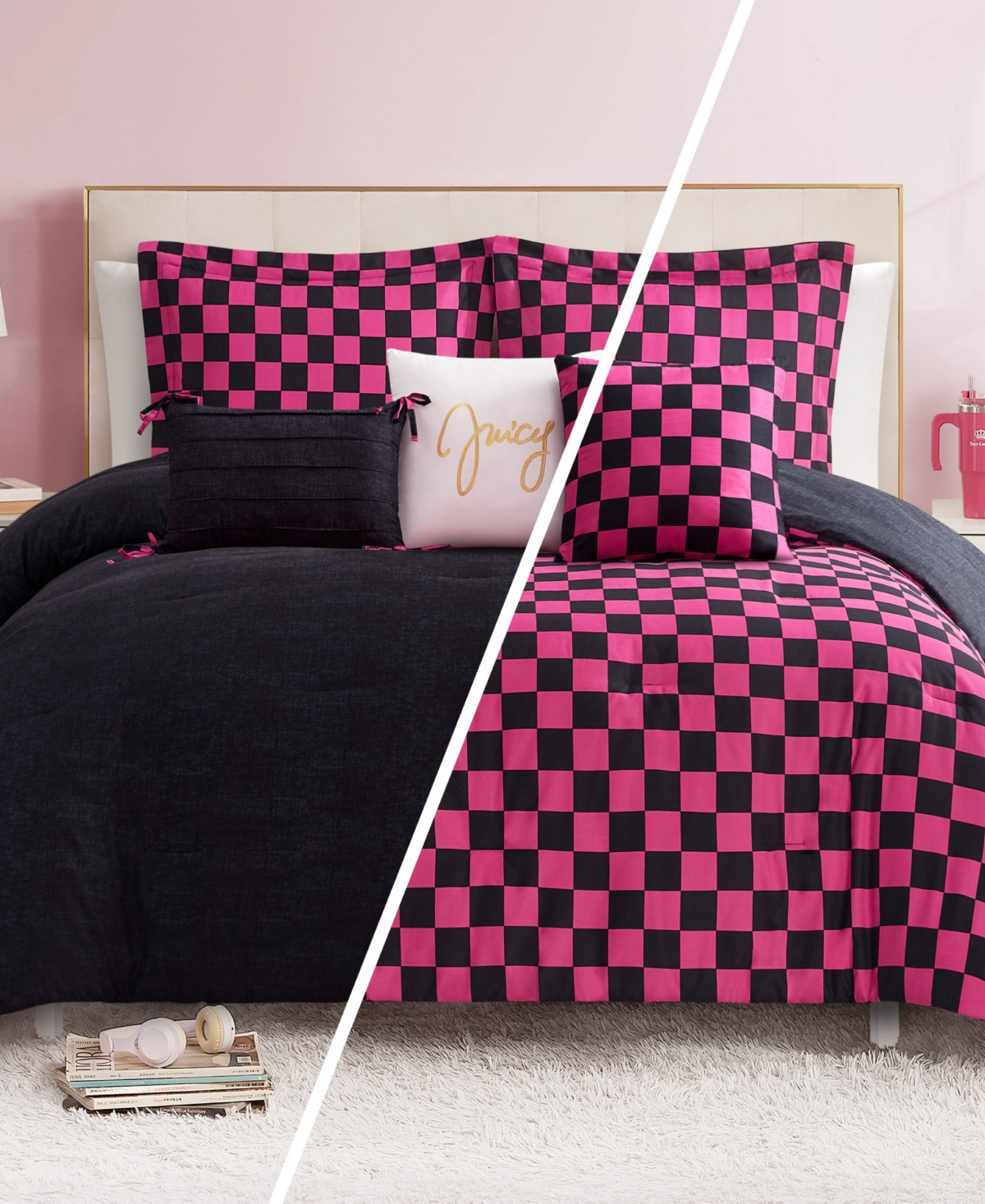 Juicy Couture Checkerboard Reversible 5-pc. Comforter Set, Twin/twin Xl In Pink