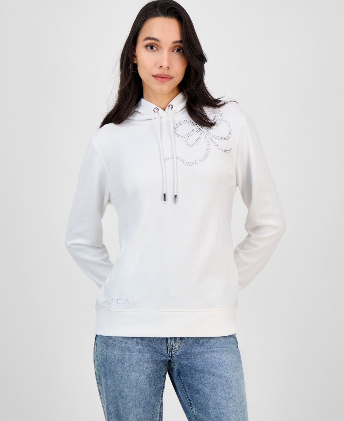 Nautica Jeans Women's Embellished Bow Hooded Sweatshirt In White