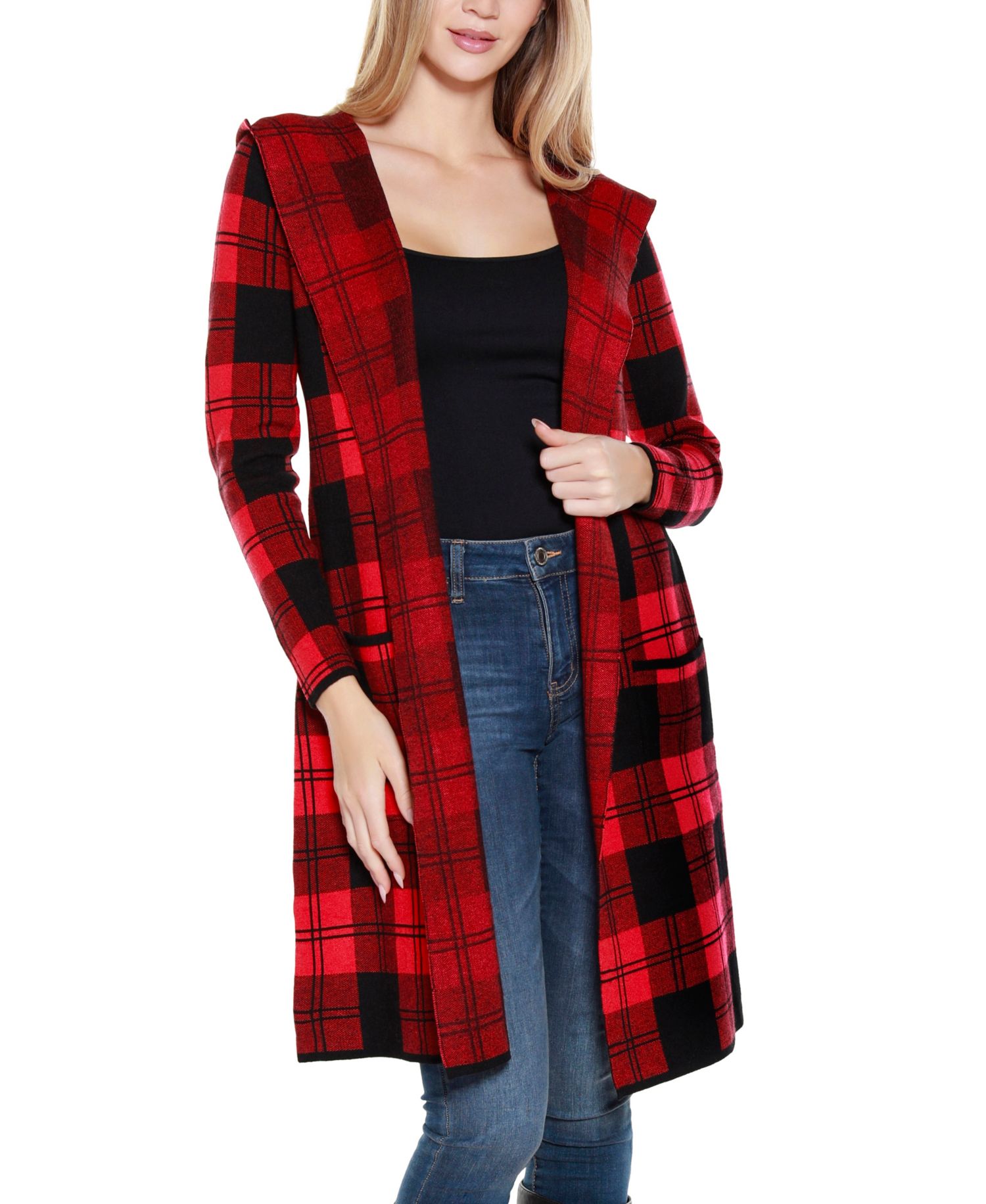 Women's Hooded Checkered Plaid Coatigan Sweater