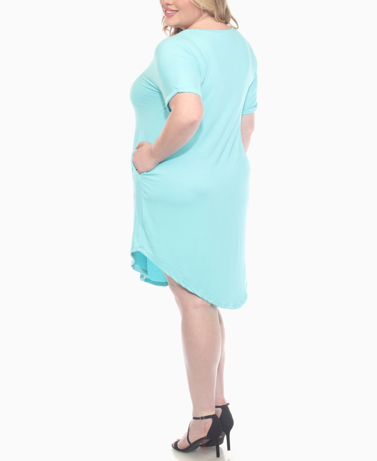 White Mark Plus Size V-neck Folded Sleeves And Pockets Knee-length Dress In Blue