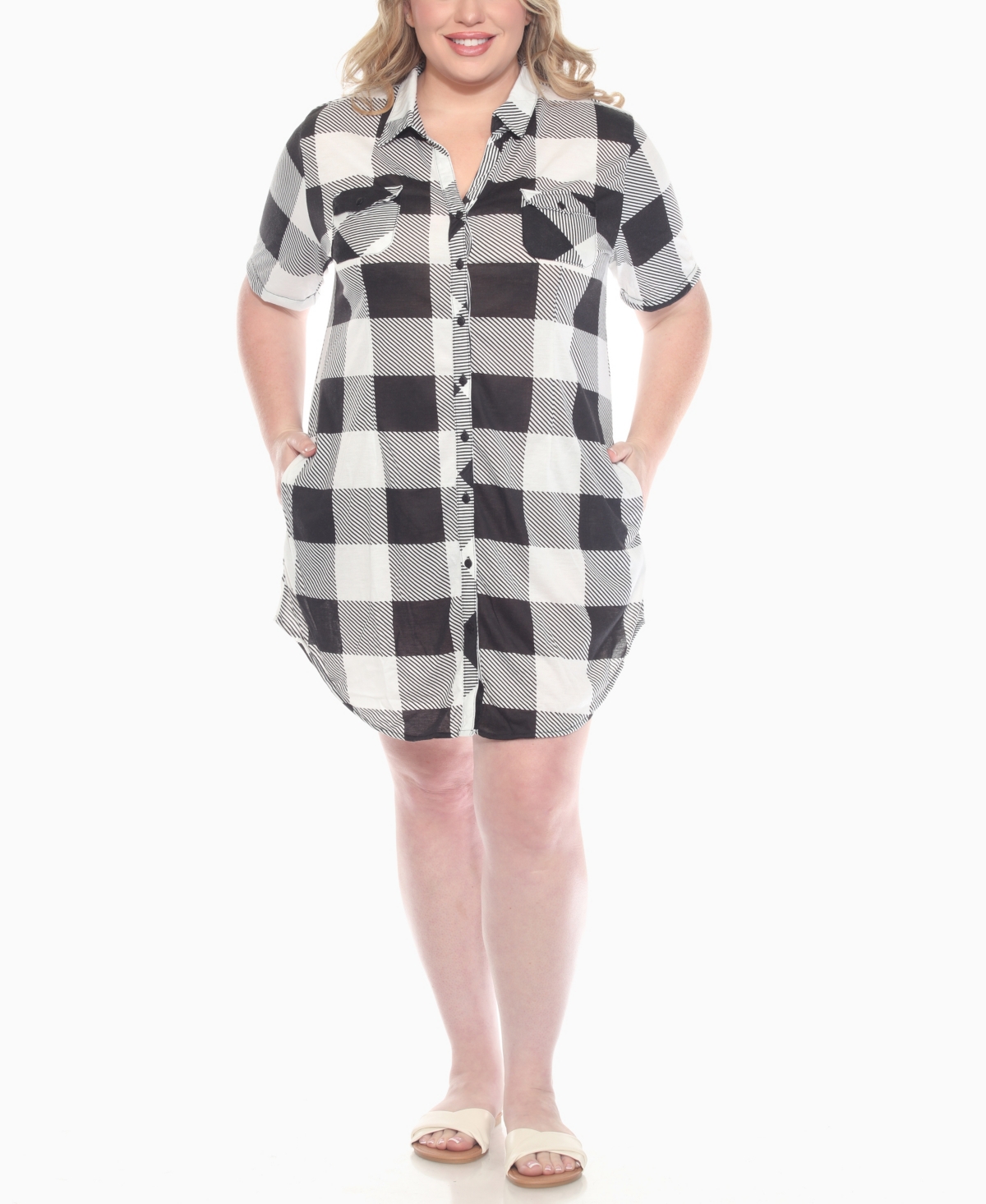 White Mark Plus Size Short Sleeve Plaid Button-down Shirt Dress In Black