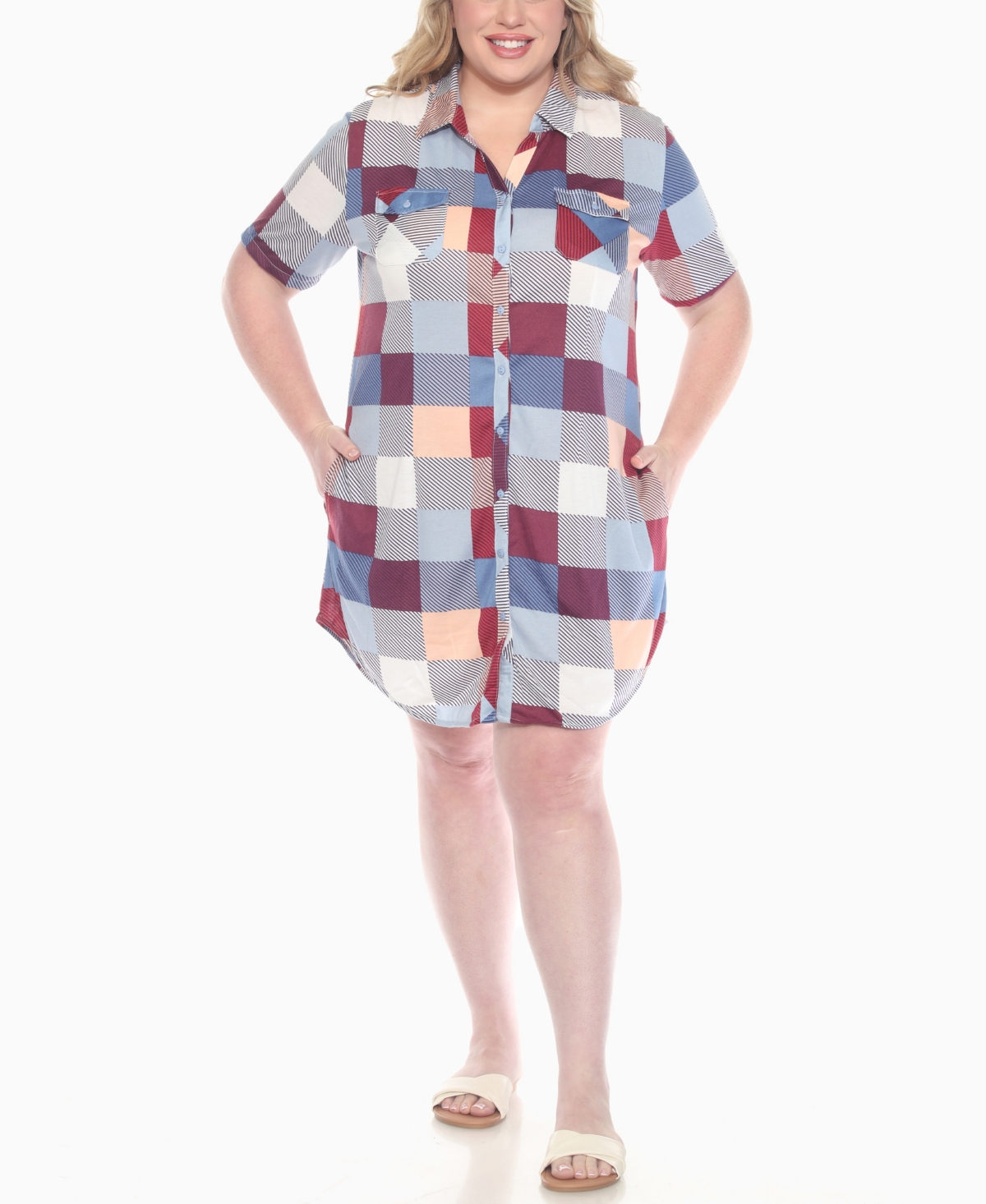 White Mark Plus Size Short Sleeve Plaid Button-down Shirt Dress In Multi