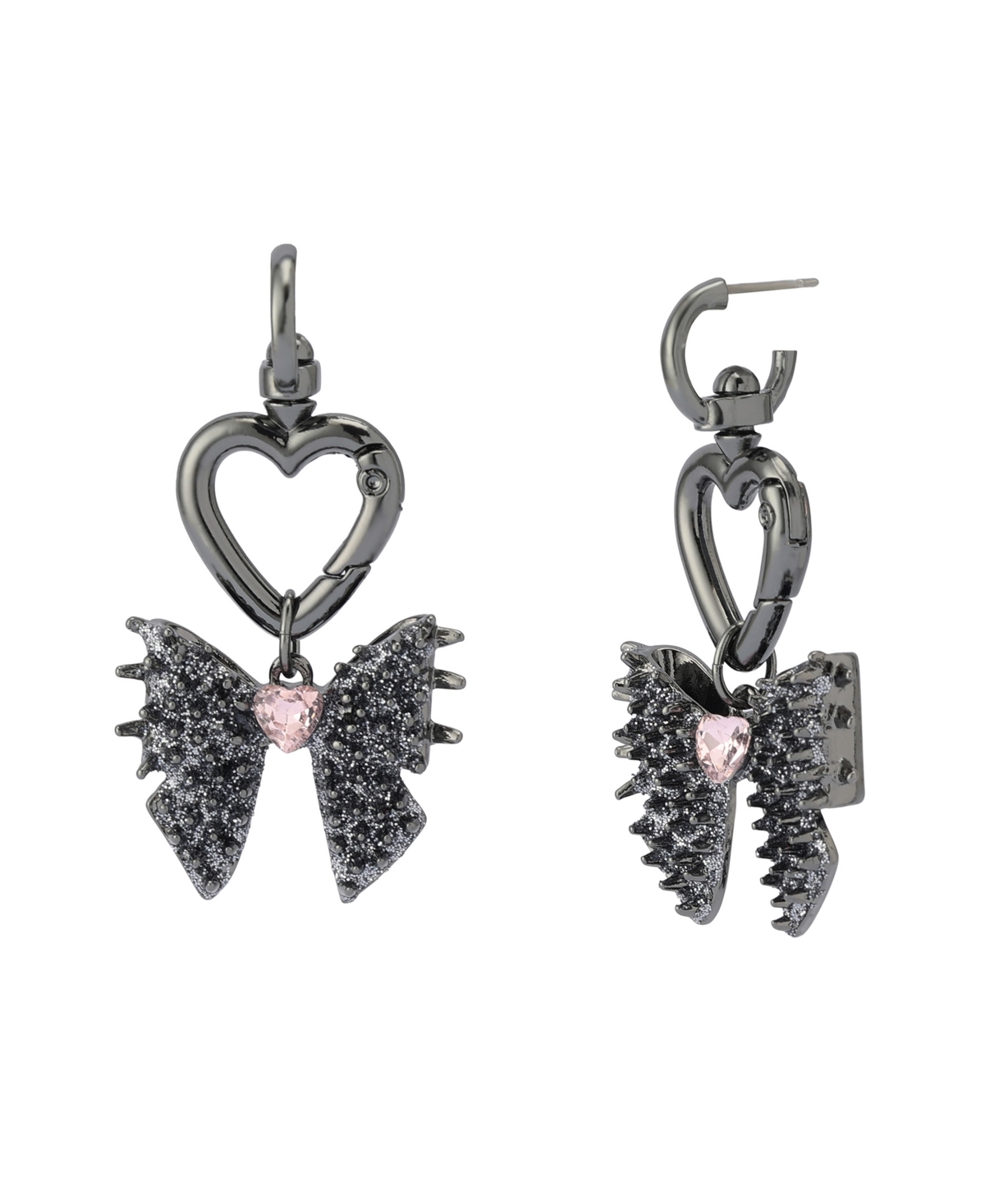 Betsey Johnson Faux Stone Spiky Bow Heart Huggie Earrings In Pink