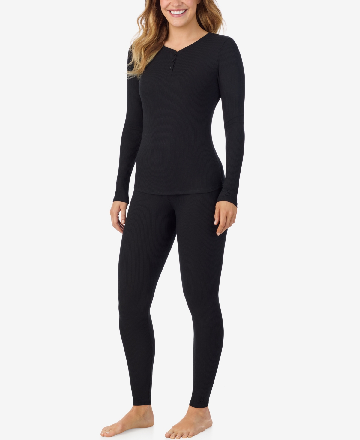 Cuddl Duds Petite Henley Neck Long Sleeve Top In Black