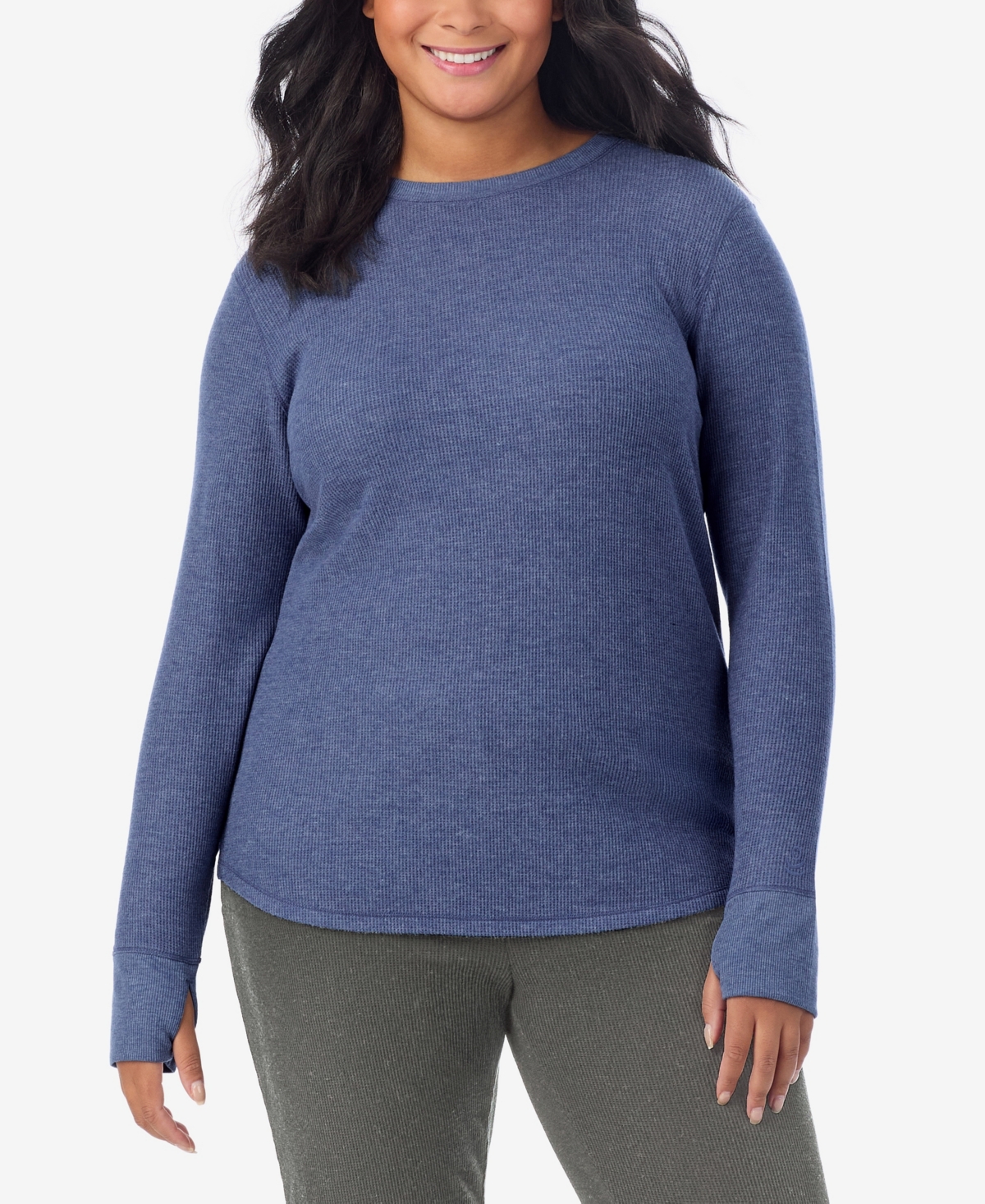 Cuddl Duds Plus Size Cozy Stretch Thermal Crew Neck Top In Blue