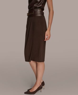 Women's Faux Leather Trim Belted Pencil Skirt