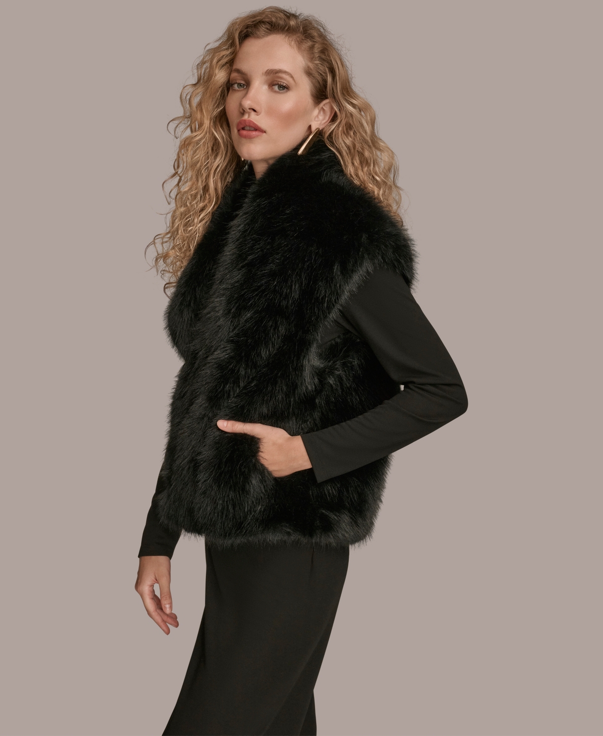 Donna Karan New York Faux Fur Vest In Black