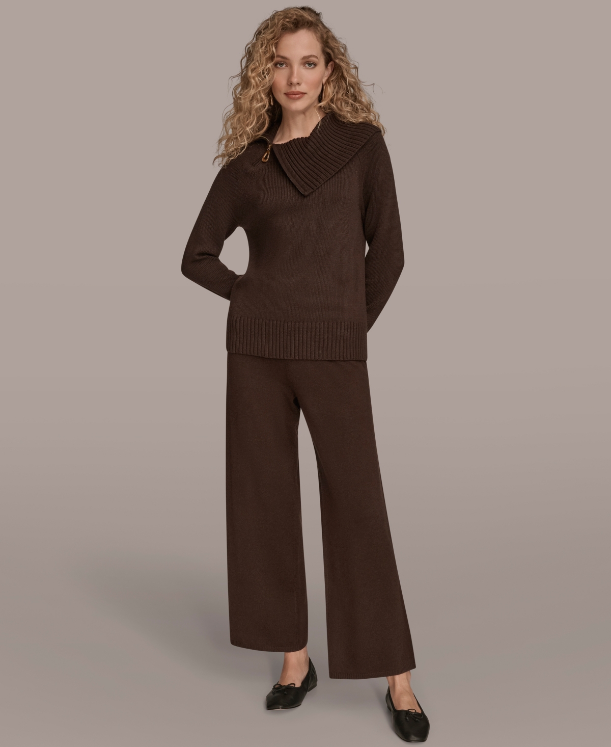Donna Karan New York Asymmetric Zip Collar Sweater In Brown