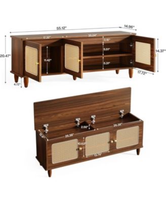 55&amp;quot; Shoe Bench with Lift Top Storage, 2-Tier Entryway Bench with 3 Rattan Doors