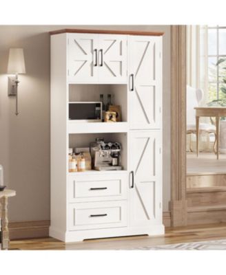 Farmhouse Kitchen Pantry Cabinet with Microwave Stand, Drawers, White