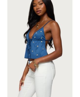 Womens Soleil Embroidered Open Back Top