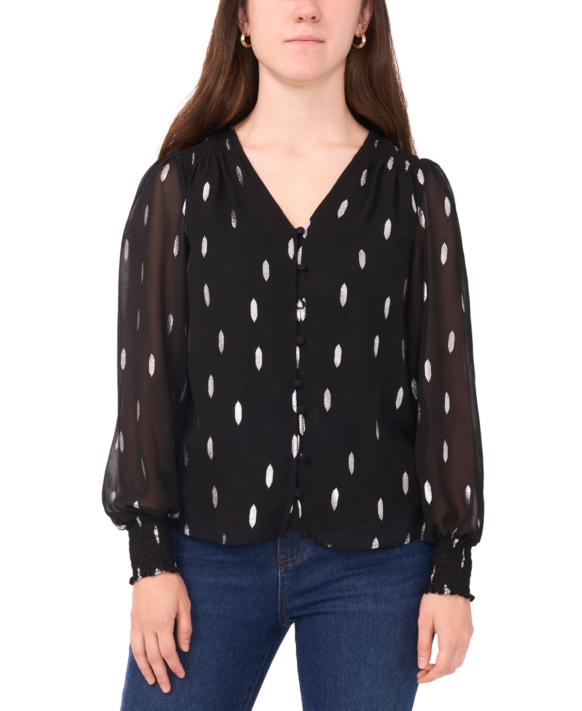 Sam & Jess Petite V-neck Smocked-shoulder Blouse In Black