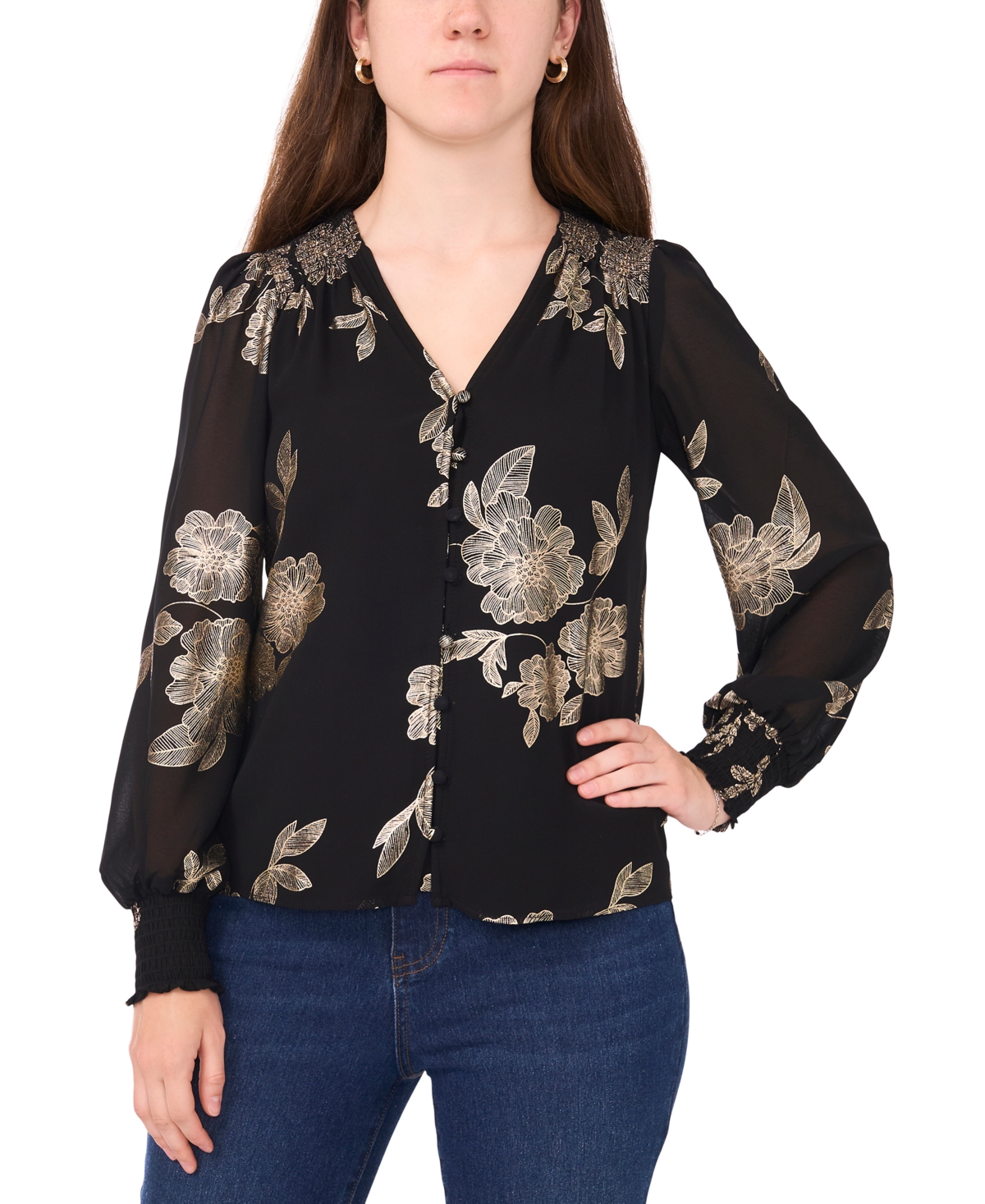 Sam & Jess Petite V-neck Smocked-shoulder Blouse In Black