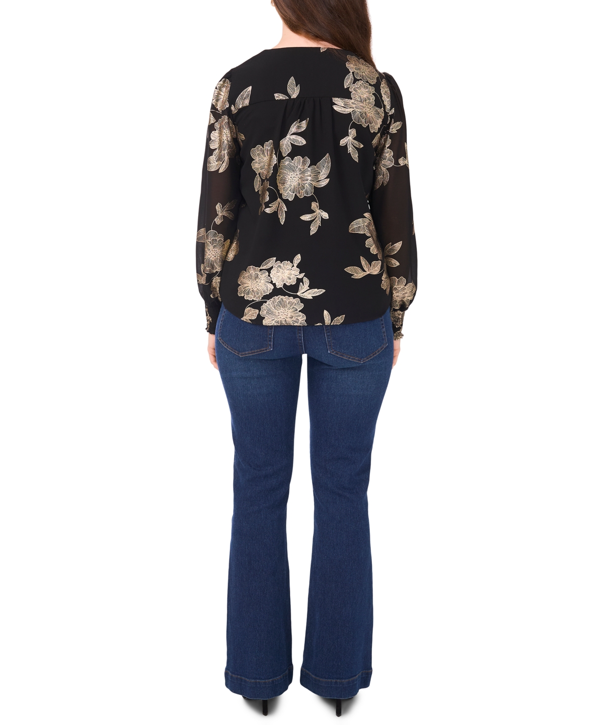 Sam & Jess Petite V-neck Smocked-shoulder Blouse In Black