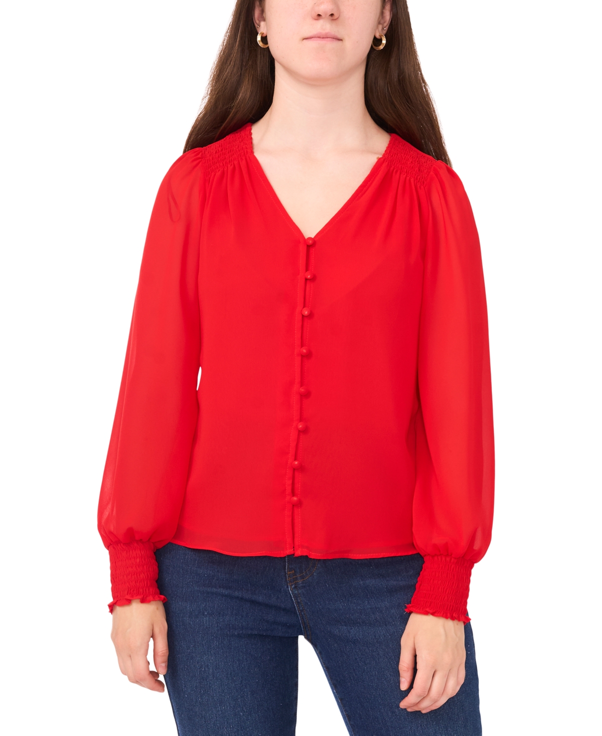 Sam & Jess Petite V-neck Smocked-shoulder Blouse In Red