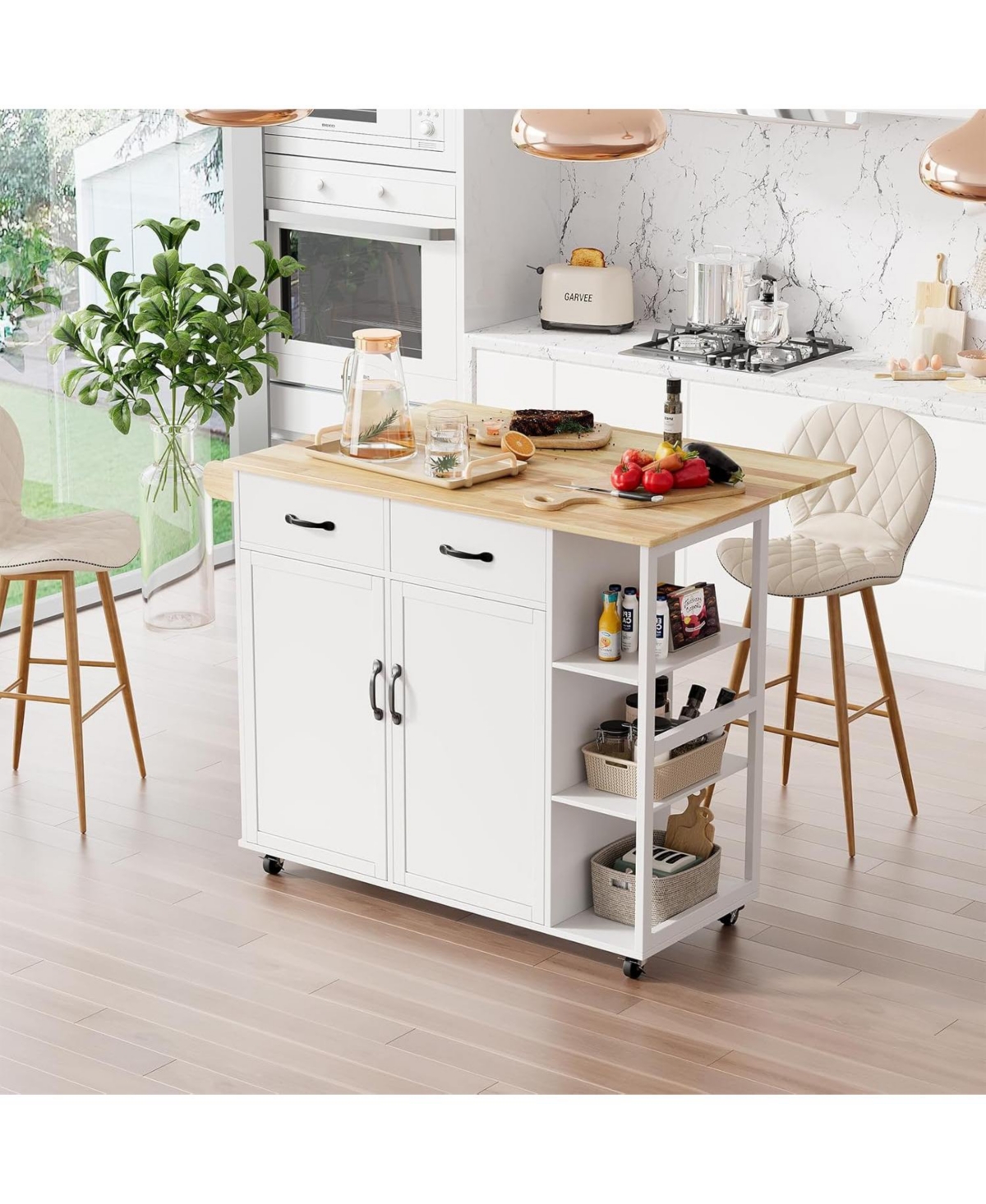 43.12-Inch White Kitchen Island & Cart with Drop-Leaf, 2 Drawers, Adjustable Shelves, Lockable Wheels & Wood Top for Kitchen & Bar