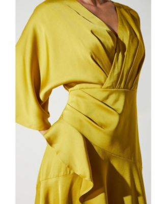 Women's Satin Crepe Ruffle Wrap Midi Dress