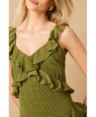 Women's Dobby Ruffle V-Neck Tiered Midi Dress