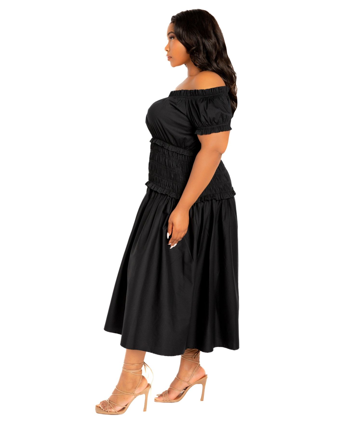 Женское платье Buxom Couture Plus Size Off Shoulder Smocked Midi, цвет: Чёрный — фото 2