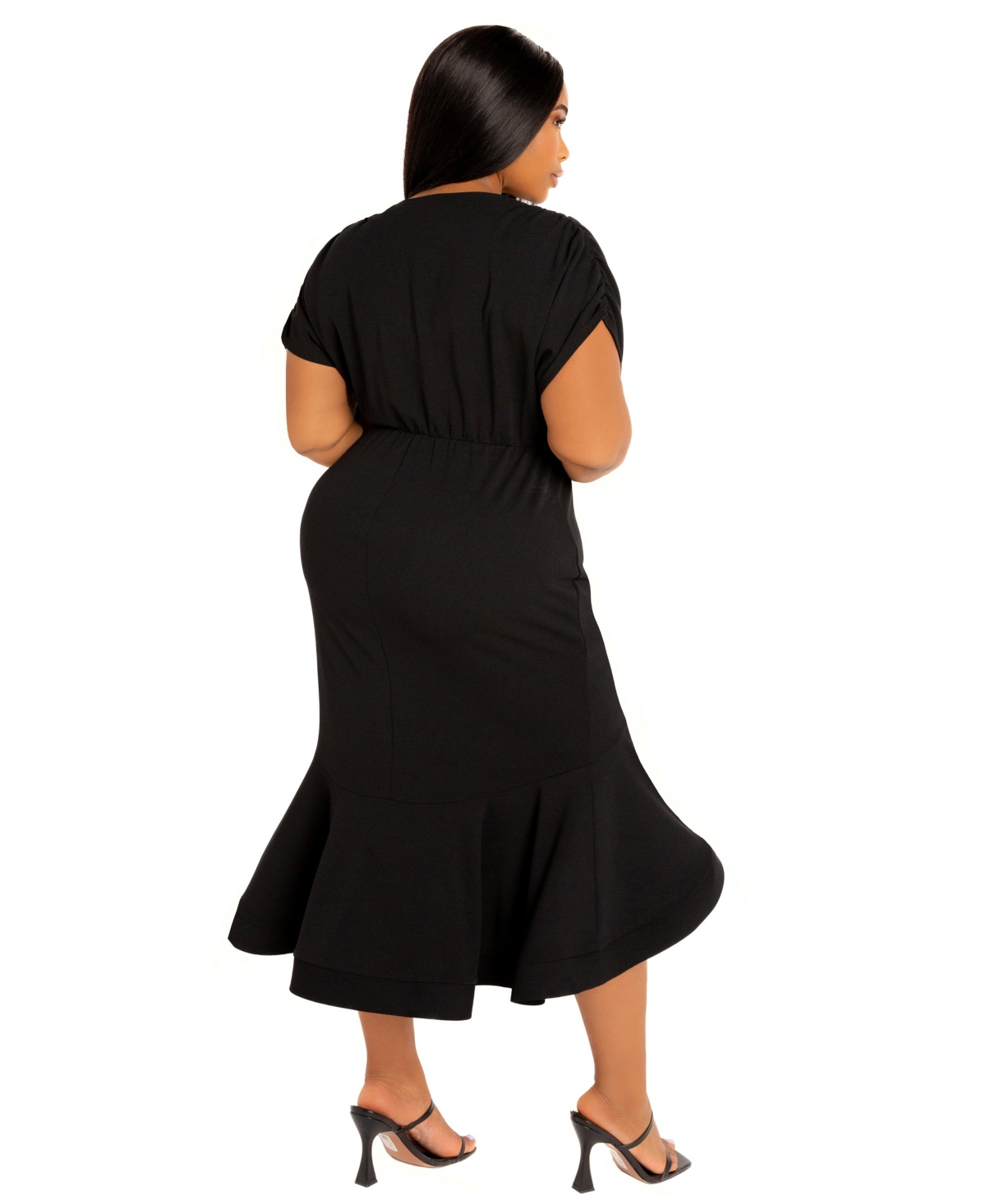 Buxom Couture Wrap Front Flounce Hem High-low Mermaid Midi Dress In Black