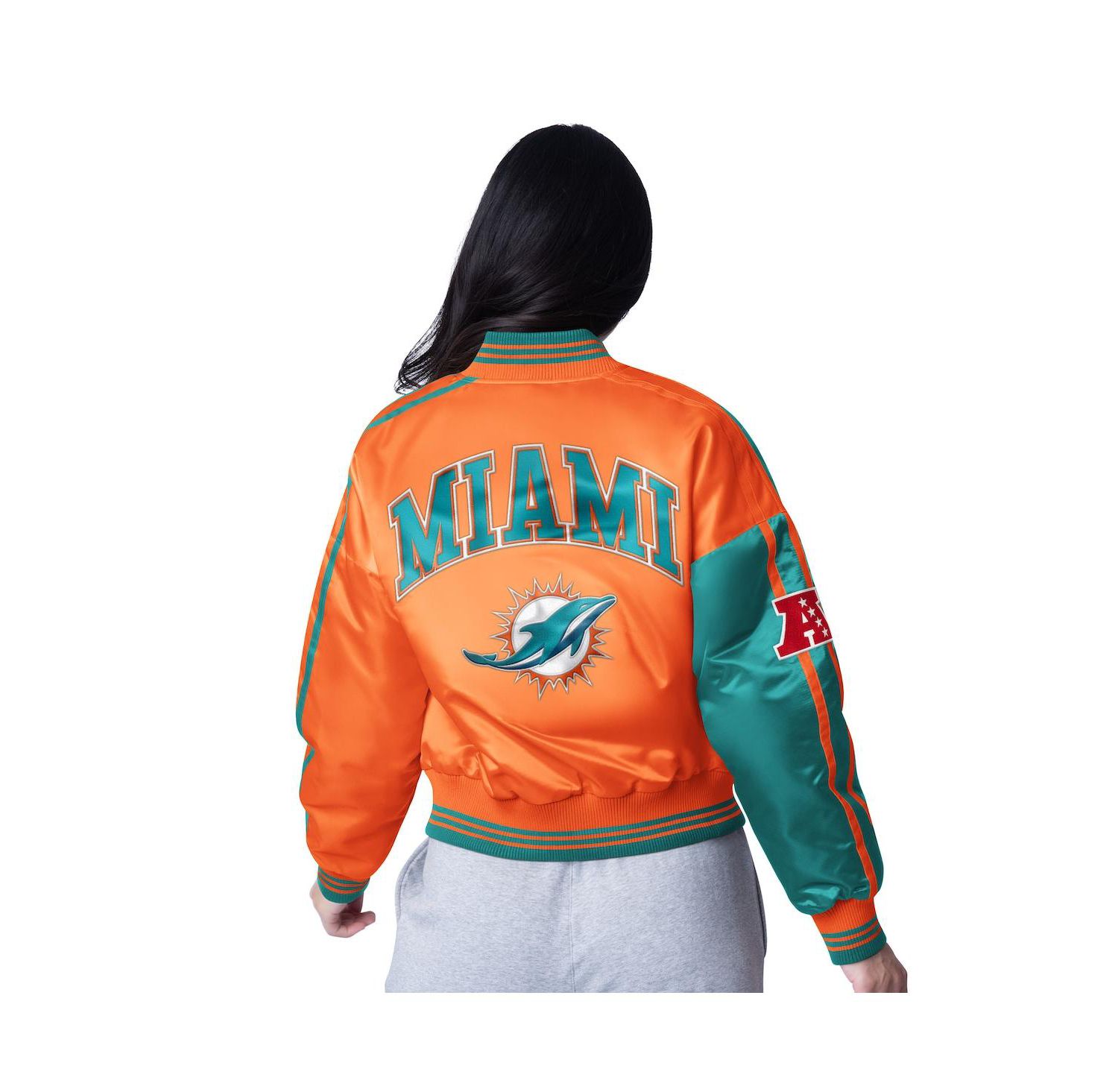 Women's Aqua/Orange Miami Dolphins Zone Blitz Cropped Full-Snap Satin Jacket