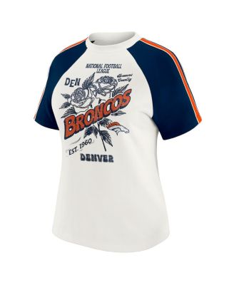 Women's White Denver Broncos Sleeve Stripe Distressed Raglan T-Shirt
