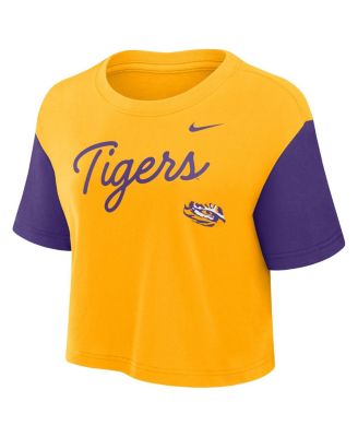 Women's Gold/Purple LSU Tigers Color-Block Script Performance Cropped T-Shirt