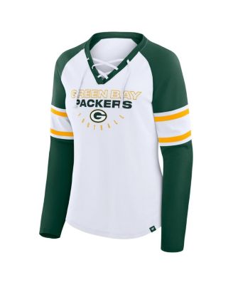 Women's White/Green Green Bay Packers Redzone Blitz Package Raglan Lace-Up V-Neck Long Sleeve T-Shirt