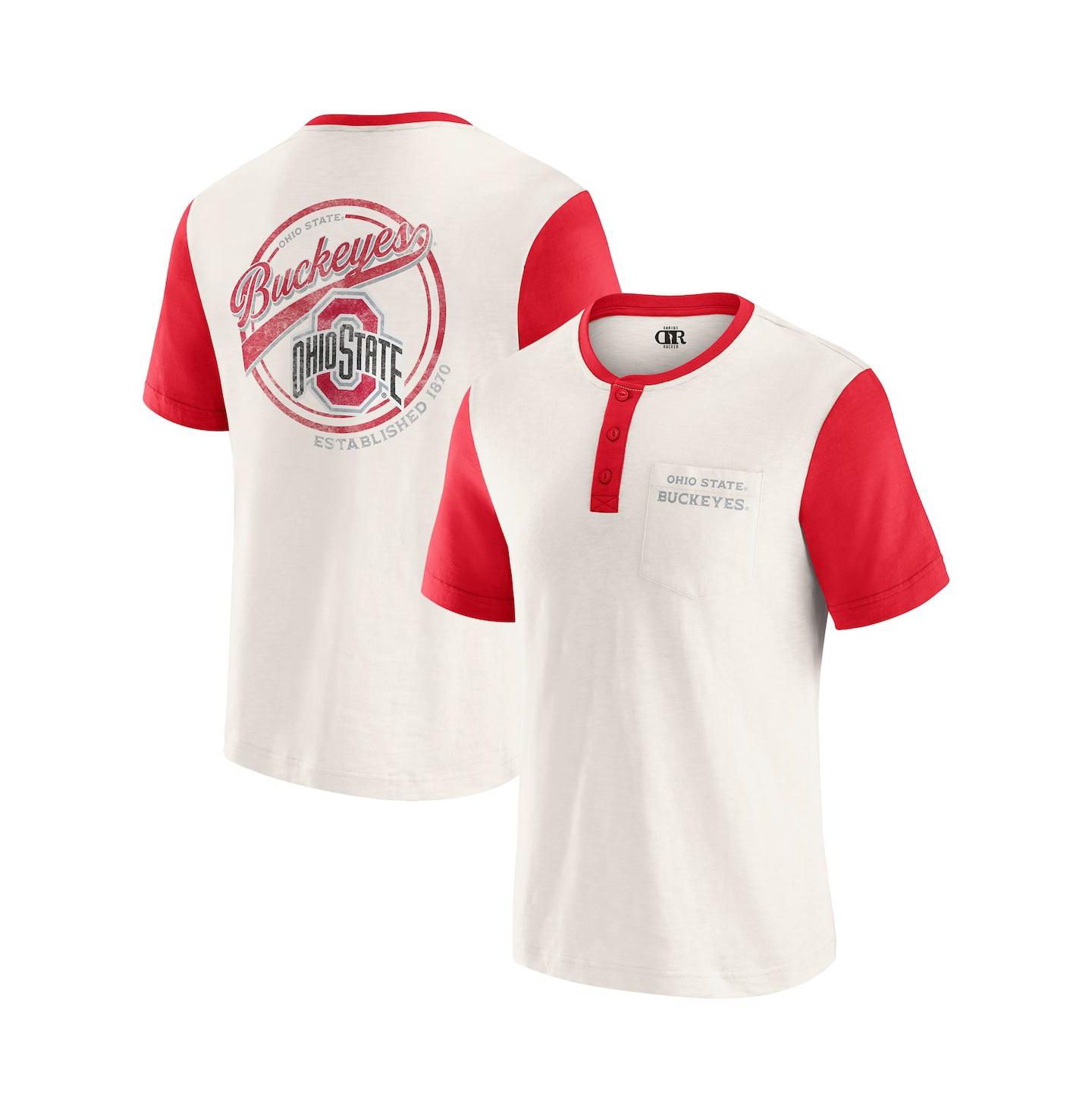 Мужская футболка Fanatics Darius Rucker Collection by Cream/Scarlet Ohio State Buckeyes Henley Color Block Slub — фото 1