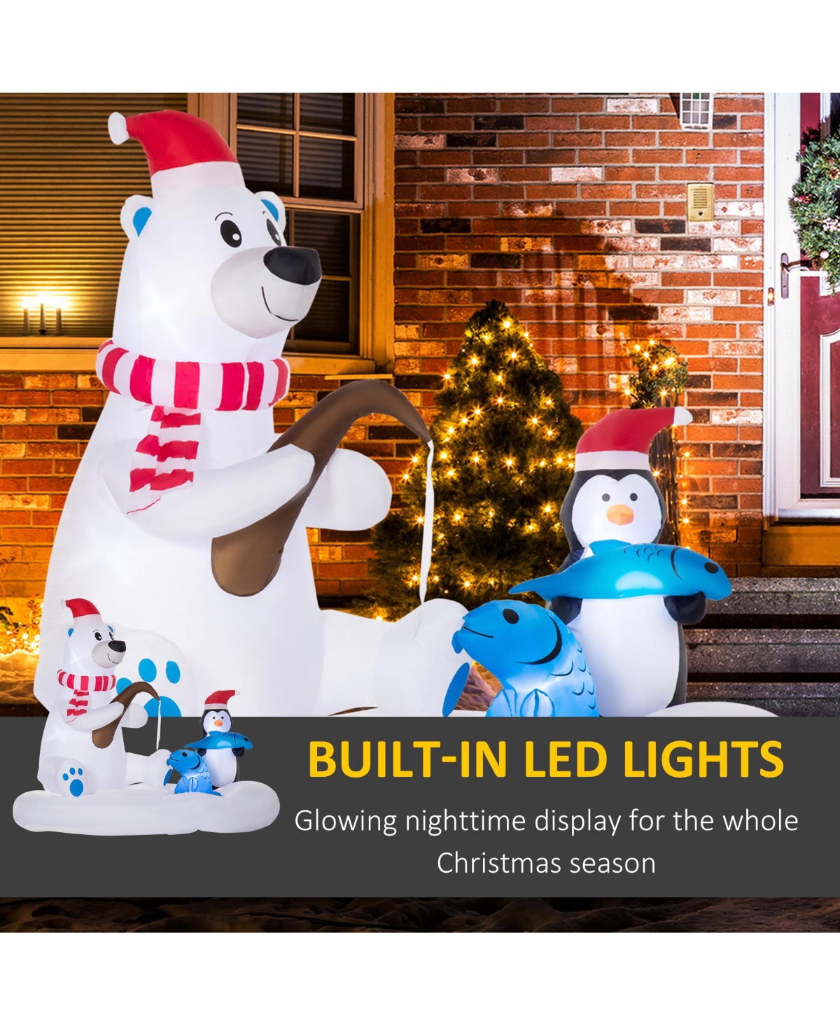 Outsunny 6' Inflatable Christmas Polar Bear and Penguin Fishing on Board Led