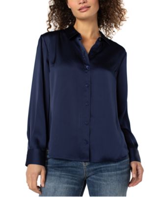 Women's Long-Sleeve Button-Front Satin Shirt