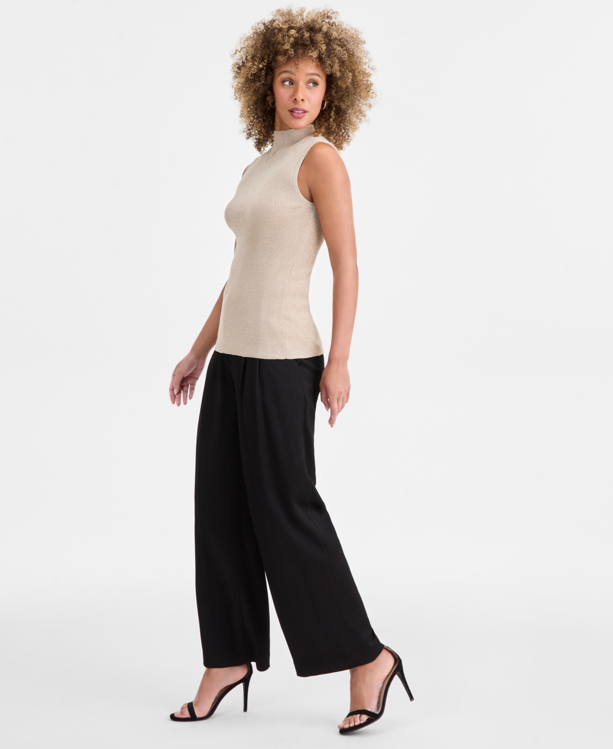 Tahari Asl Petite Crinkle-pleat Wide-leg Pants In Black