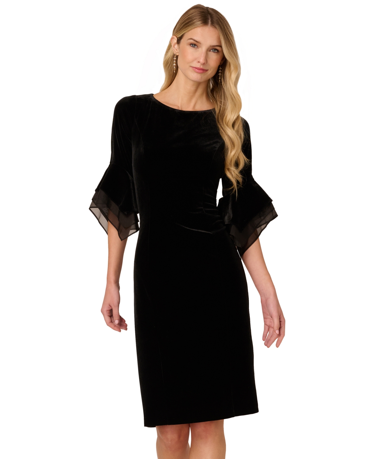 Adrianna Papell Women's Velvet Bell-Sleeve Mesh-Trim Dress