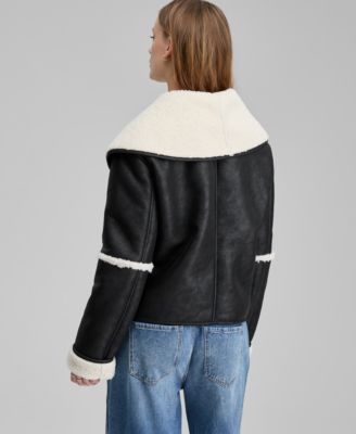 Women's Faux-Shearling Oversized Collar Moto Jacket, Macy's Exclusive